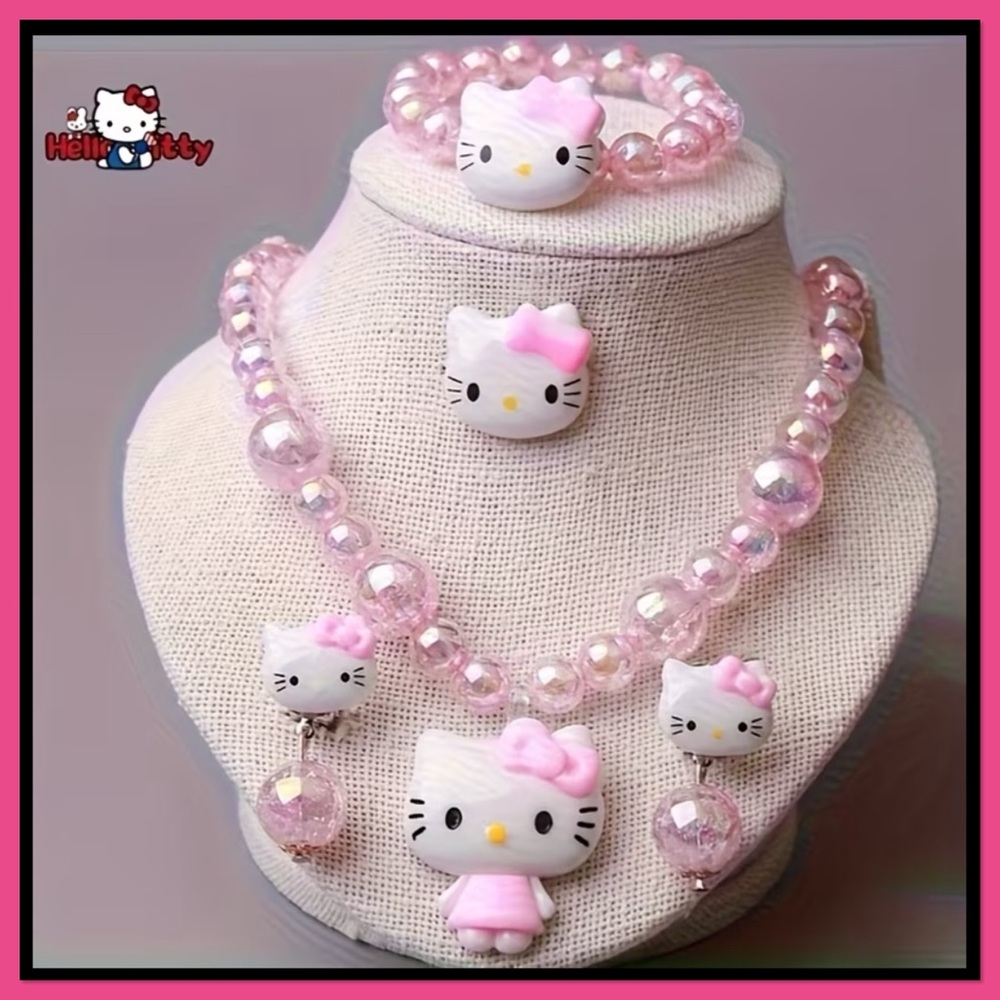 Hello Kitty Pink Beaded Necklace, Bracelet, and Ring Set